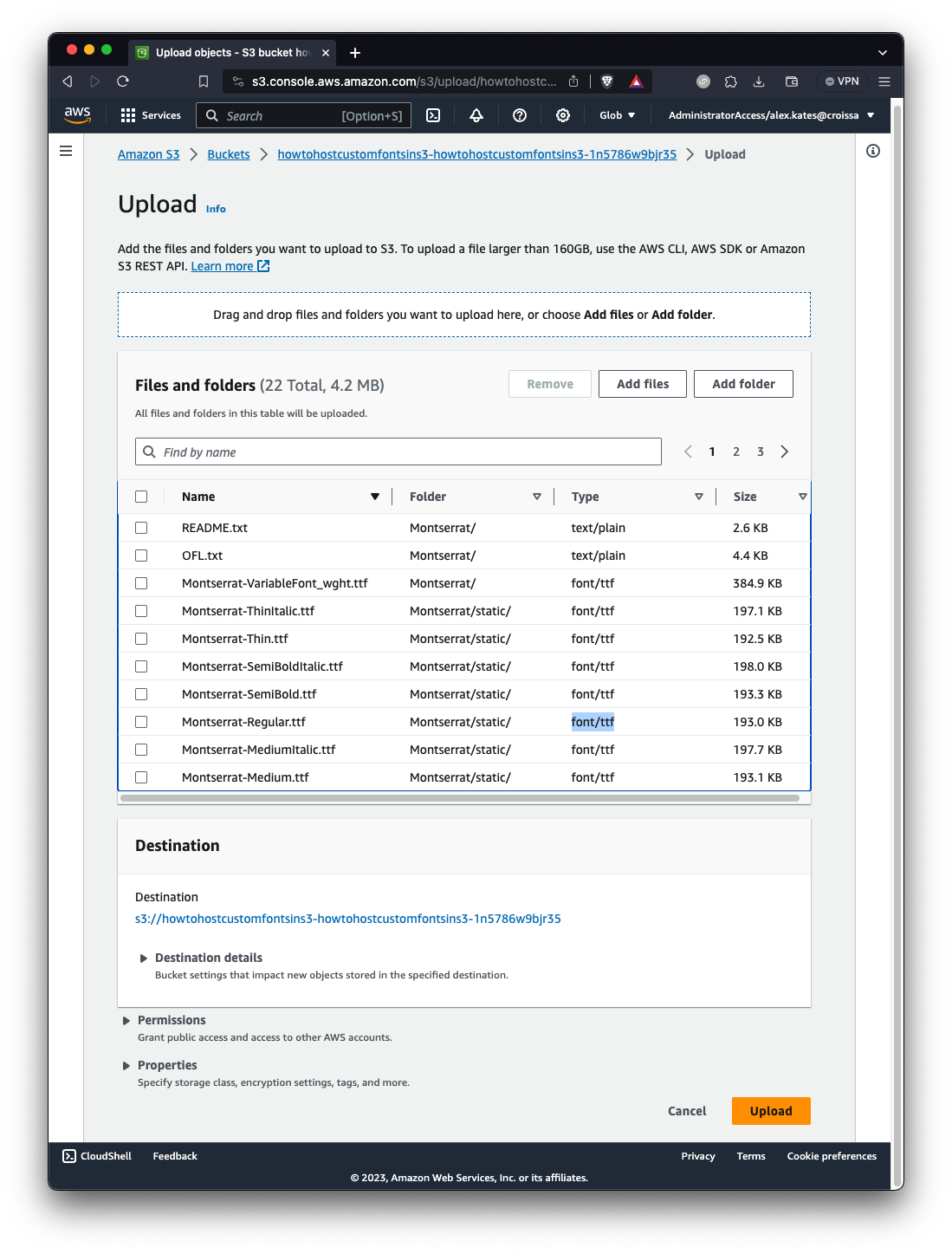 Image of AWS S3 with all of our font files ready to be uploaded