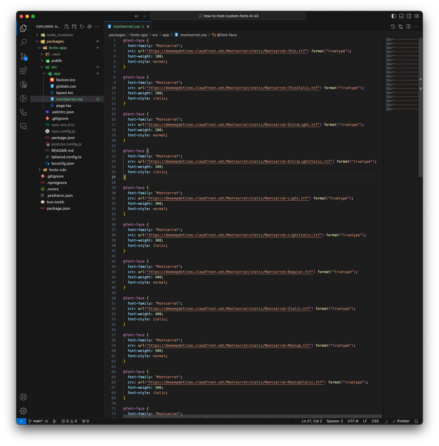 Image of motserrat.css with all our custom font faces