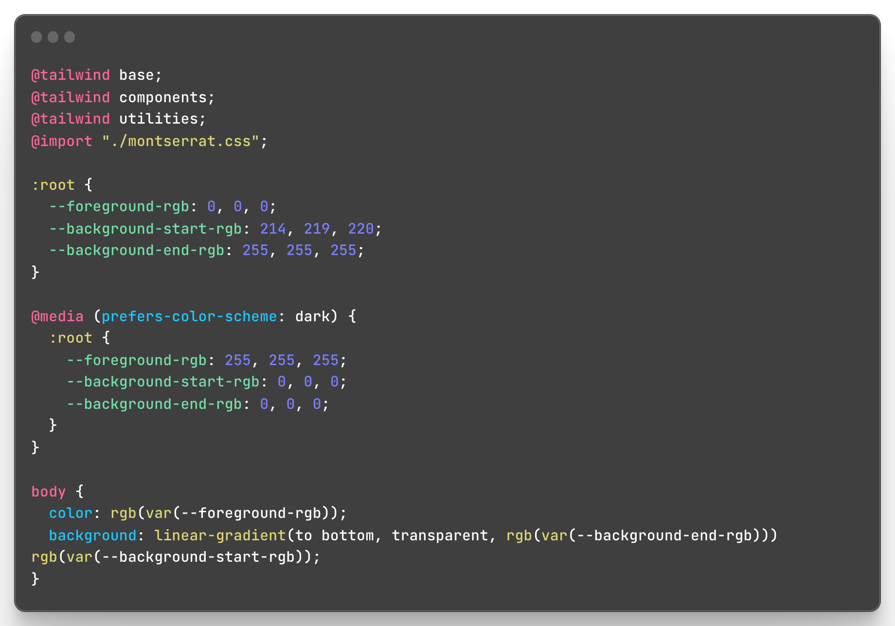 Default Next.js globals.css with the mtserrat.css file included