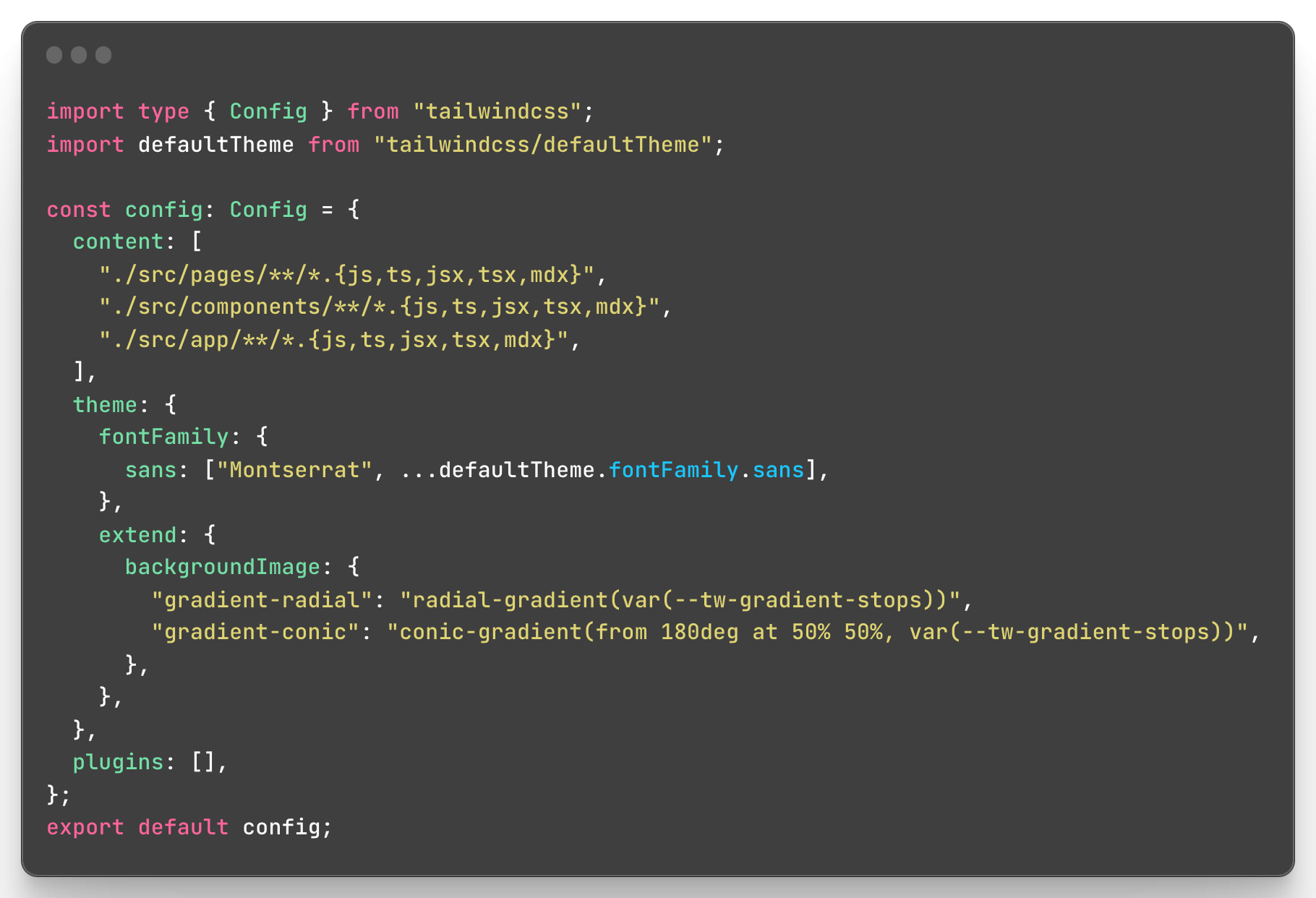 Image of tailwind.config.ts after adding the Montserrat as the default fontFamily sans font.