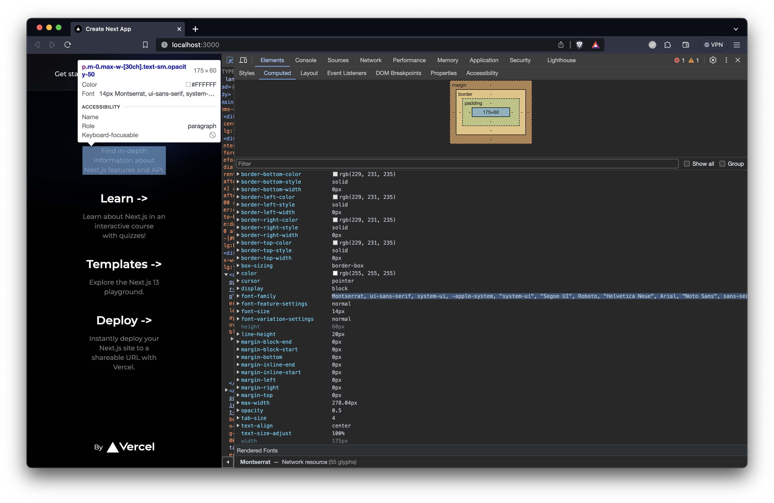 Image of the browser with dev tools open showing that the default Next.js font is now Montserrat