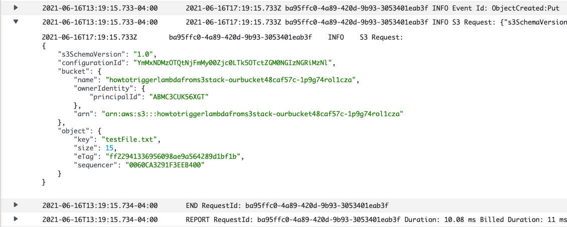 CloudWatch results after uploading an object to S3