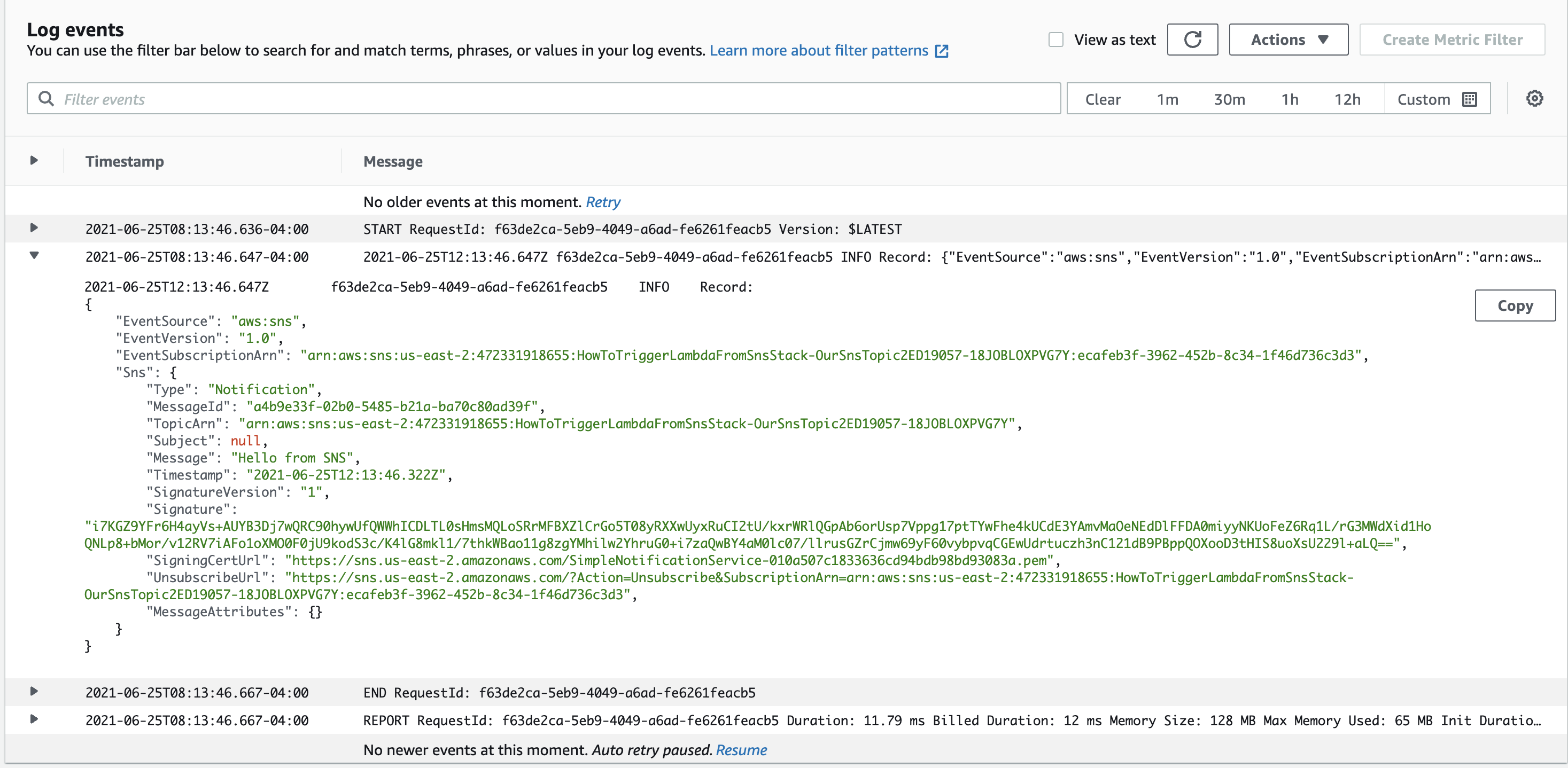 CloudWatch results after publish a new SNS message