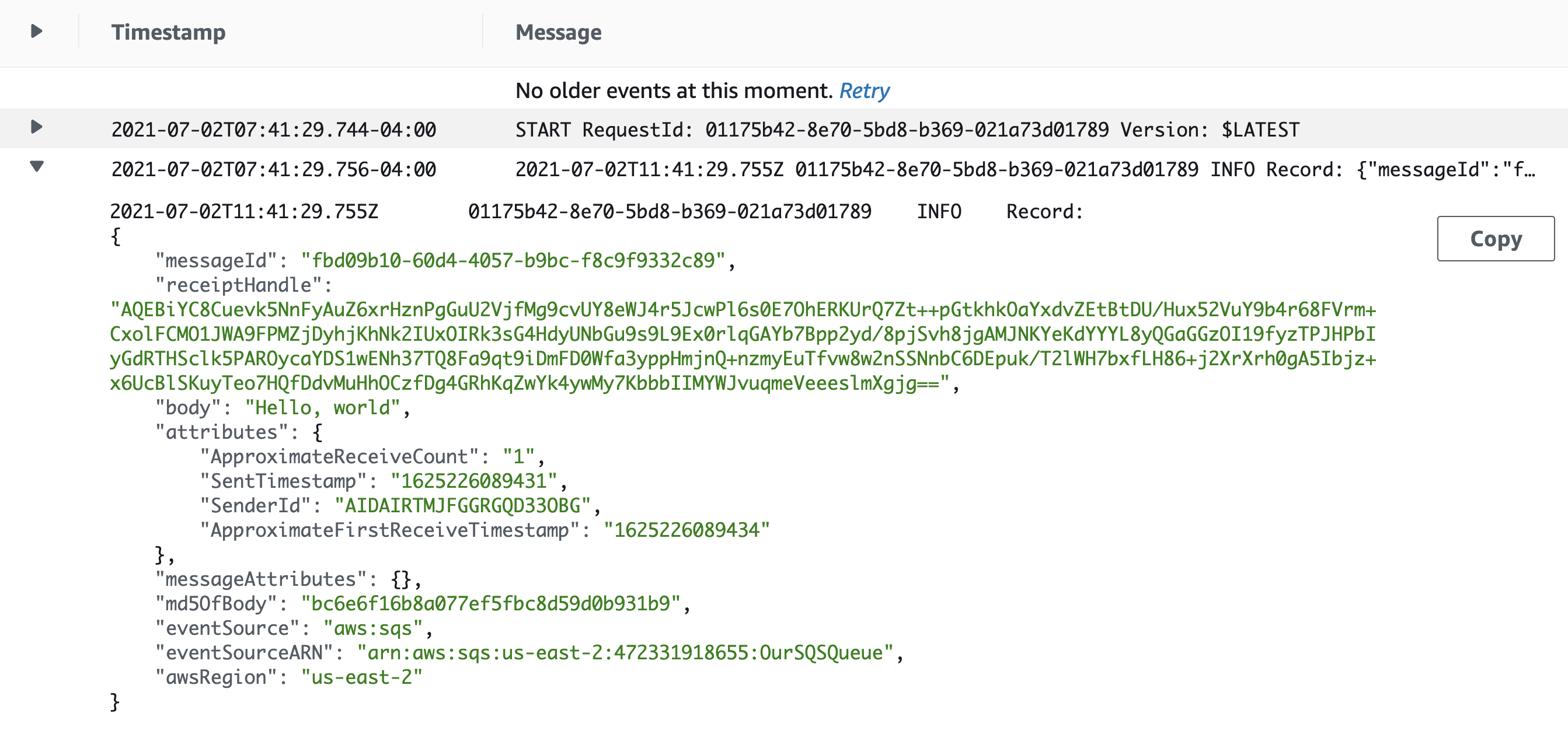 CloudWatch results after sending a new SQS message