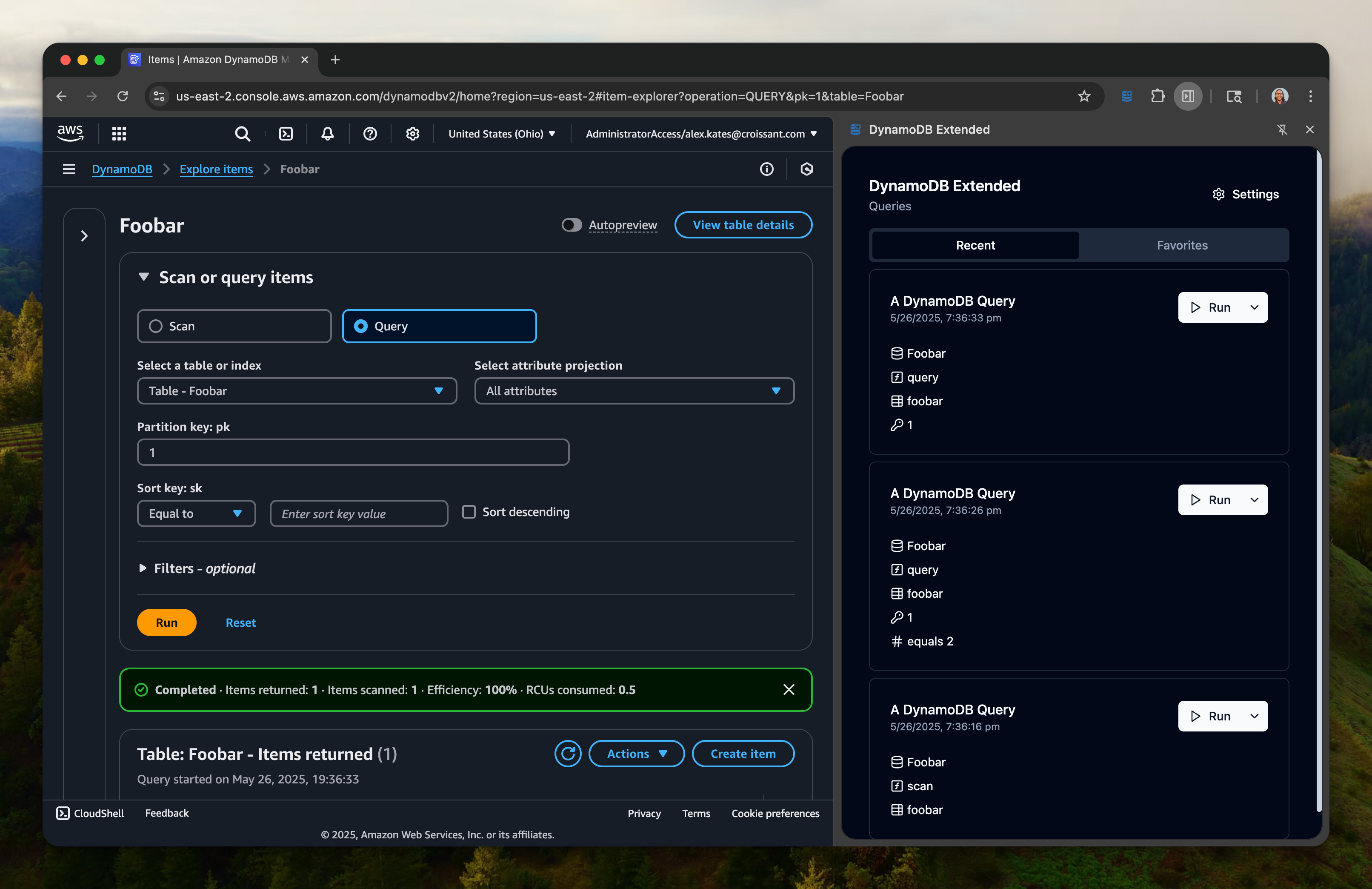 DynamoDB Extended with side panel open and the AWS DynamoDB console with a query executed.