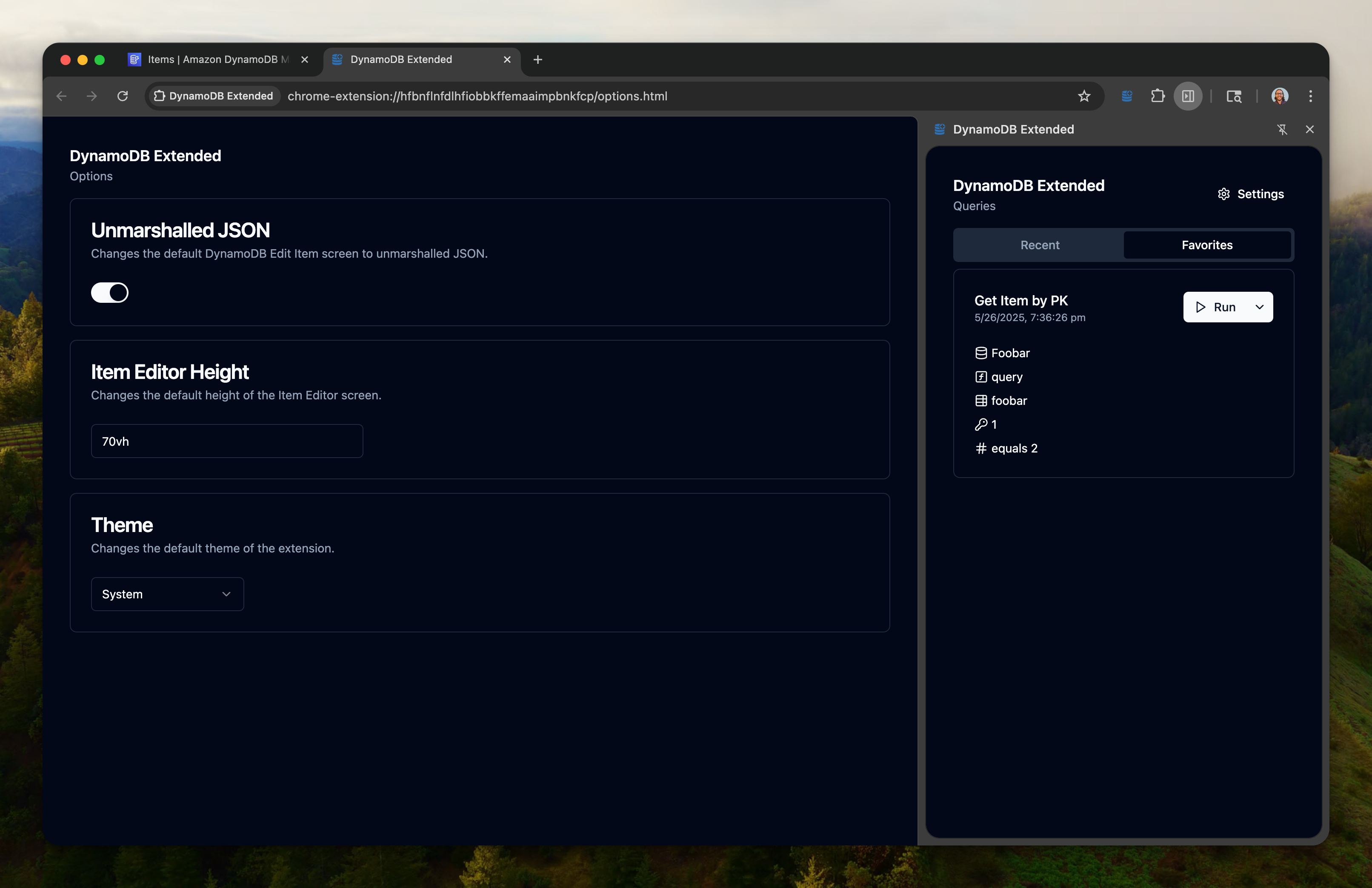 DynamoDB Extended with the side panel opened showing the favorites tab activated and the settings page open.