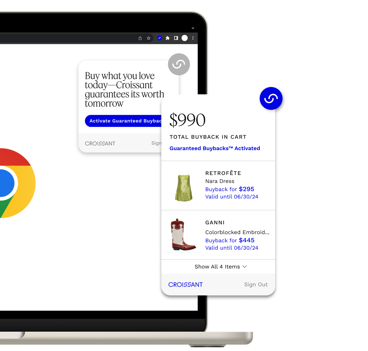 Image of the Croissant Chrome Extension with two Guaranteed Buybacks