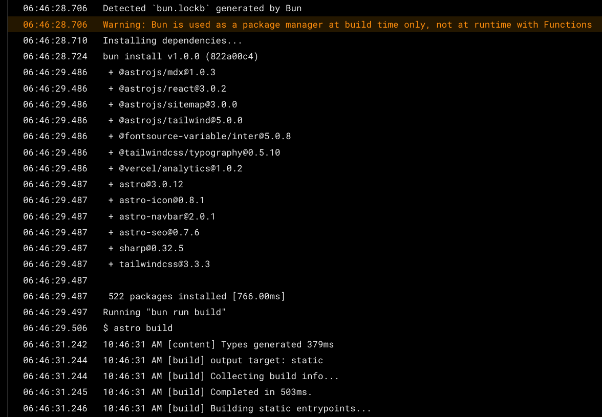 Vercel output for Bun install and build commands